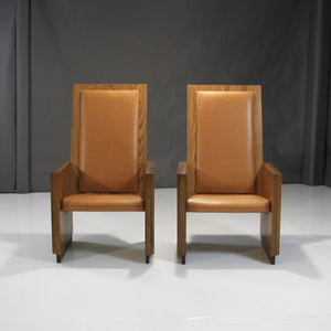 Rare Mid-Century King and Queen Chairs in Oak & Italian Leather
