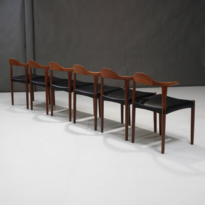 Set of Six (6) Harry Østergaard Teak Bull Horn Dining Chairs in Italian Leather