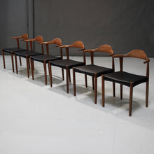 Load image into Gallery viewer, Set of Six (6) Harry Ăstergaard Teak Bull Horn Dining Chairs in Italian Leather