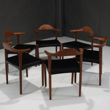 Load image into Gallery viewer, Set of Six (6) Harry Ăstergaard Teak Bull Horn Dining Chairs in Italian Leather