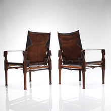 Load image into Gallery viewer, Mid Century Early South African Safari Chairs in Rosewood and Leather - A Pair