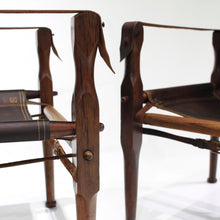 Load image into Gallery viewer, Mid Century Early South African Safari Chairs in Rosewood and Leather - A Pair