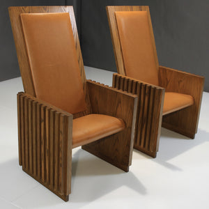 Unique Mid-Century King and Queen Chairs in Oak / Italian Leather