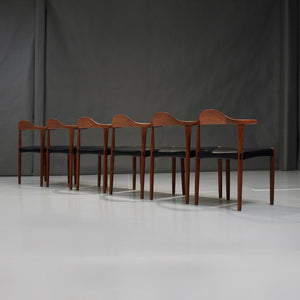 Set of Six (6) Harry Østergaard Teak Bull Horn Dining Chairs in Italian Leather