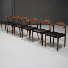 Load image into Gallery viewer, Set of Six (6) Harry Østergaard Teak Bull Horn Dining Chairs in Italian Leather