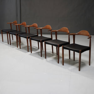 Set of Six (6) Harry Østergaard Teak Bull Horn Dining Chairs in Italian Leather