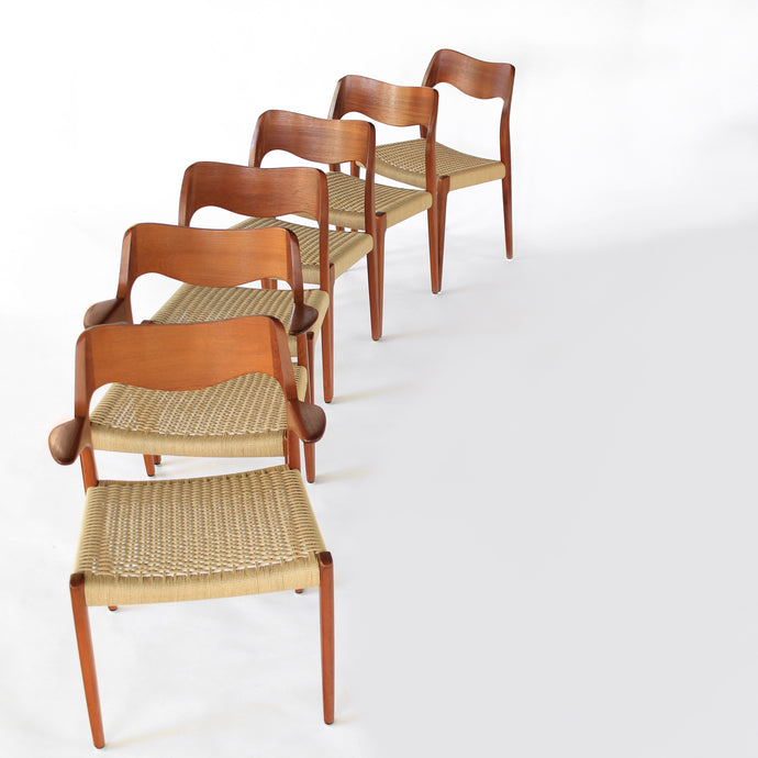 Set of 10 Niels Møller Dining Chairs Model 71 and 55 - Teak and Paper Cord