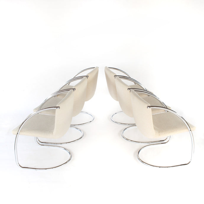 RARE Set of 6 Chrome Cantilever Dining Chairs with Beige Fabric