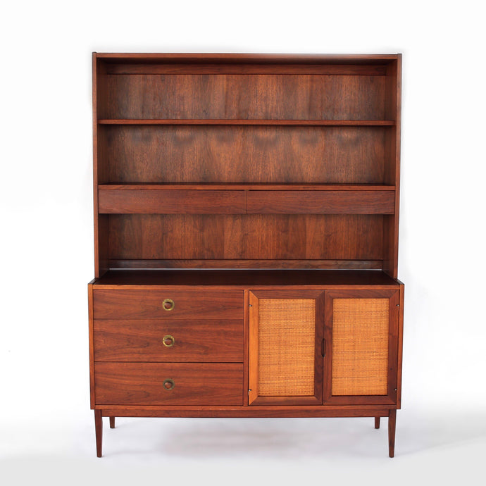 Jack Cartwright for Founders Walnut and Cane Credenza with Rare Hutch