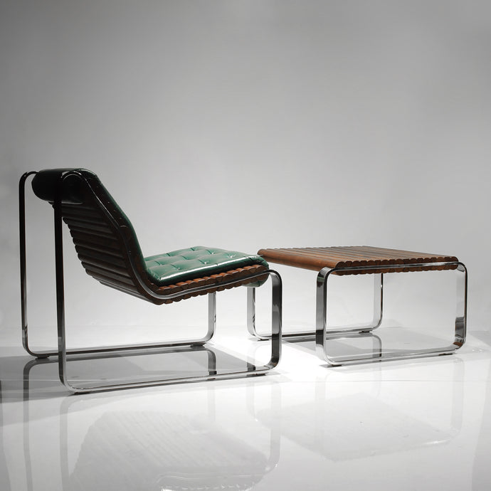 Exquisite Walnut Wood and Steel Cantilever Lounge Chair and Ottoman