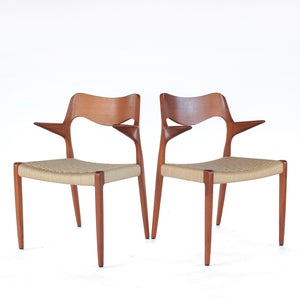 Set of 2 Niels Møller Dining Armchairs Captains Chairs Model 55 - Teak and Paper Cord