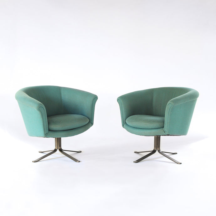 Mid Century Modern Nicos Zographos Swivel Lounge Chairs with Metal Base - Bronze