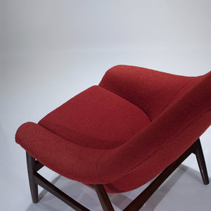 Hans Olsen for Bramin Lounge Chair - Walnut & Red Bouclé